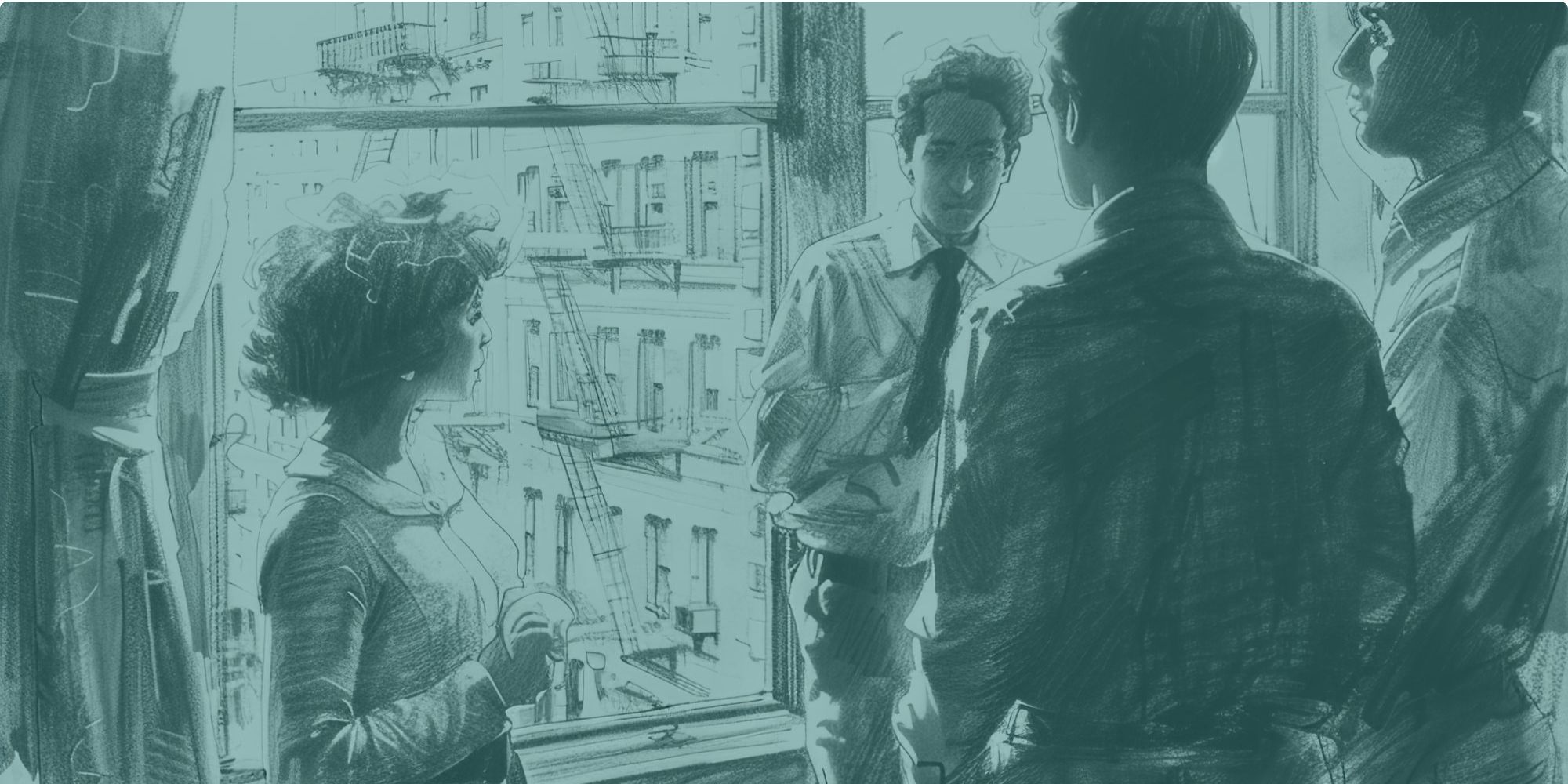 Illustration of Young People Talking by Window