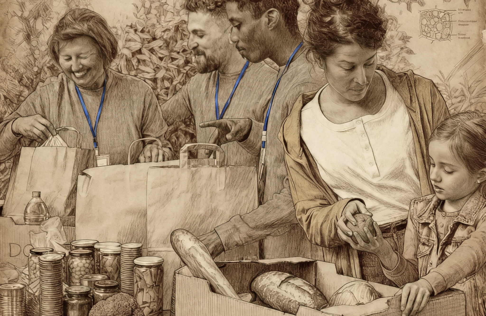Illustration of Four Volunteers Gathering Food for a Food Drive