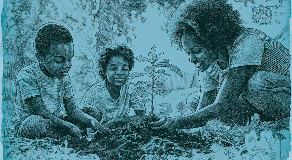 Blue Illustration of a Mother and Two Children Planting a Tree
